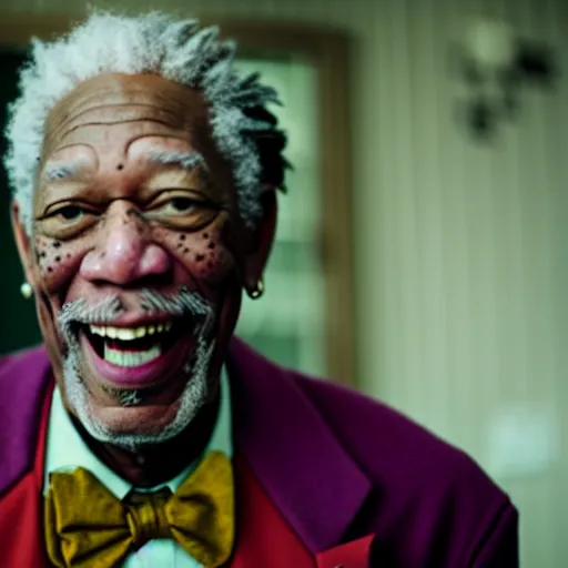 Prompt: a cinematic photograph of Morgan Freeman playing the Joker