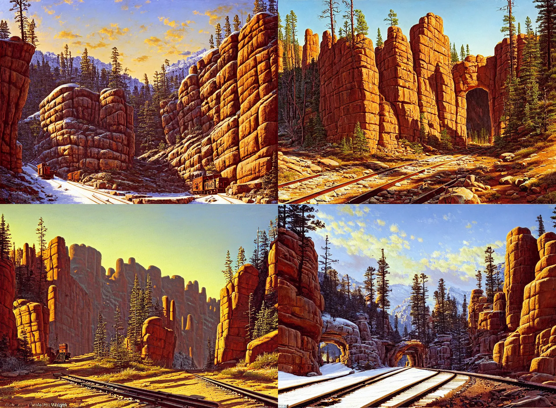 Image similar to entrance to wild west mine, rail tracks lead from the mine, a mine cart sits on the tracks, mine cart, sheer cliffs surround the scene, high elevation, sparse pine forest, dusting of snow, rock arches, long shadows, golden hour, wide angle, oil painting, albert bierdstadt