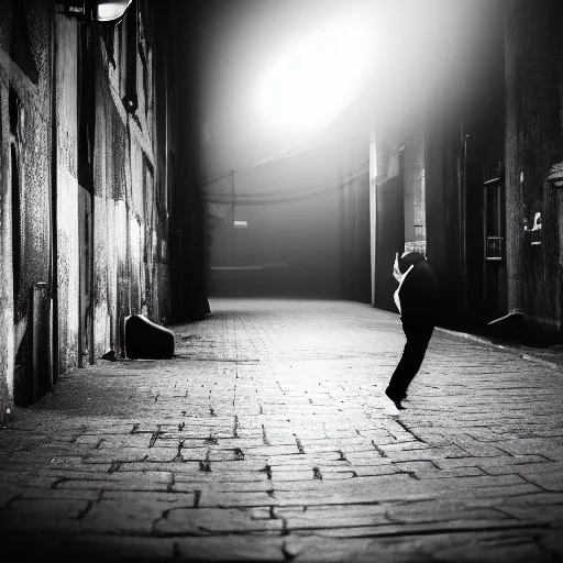 Image similar to an abstract photograph of a lonely male shadowy figure, he is dancing, there is a dark street with lanterns reflected on the ground, everything is underwater, long exposure, 35mm, black-and-white