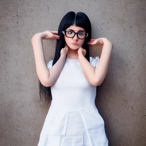 Prompt: an award winning full body photo of a young woman with twin tails, wearing glasses and a white dress, symmetric and beautiful face, intricate, sharp focus, very detailed, photo taken with Sony a7R, Unreal Engine 5, 8k