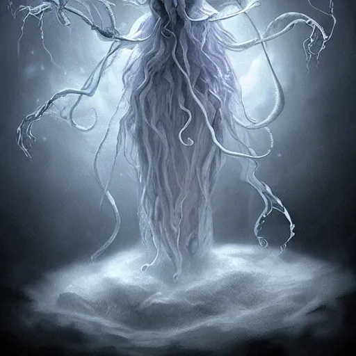 Image similar to an ethereal dream like fantasy fluffy ghost like spooky live action muppet wraith like figure with a squid like parasite latched as its head and four long tentacles for arms that flow gracefully at its sides like a cloak while it floats around a frozen rocky tundra in the snow searching for lost souls and that hides amongst the shadows in the trees, this character has hydrokinesis and electrokinesis is a real muppet by sesame street, photo realistic, real, realistic, felt, stopmotion, photography, sesame street