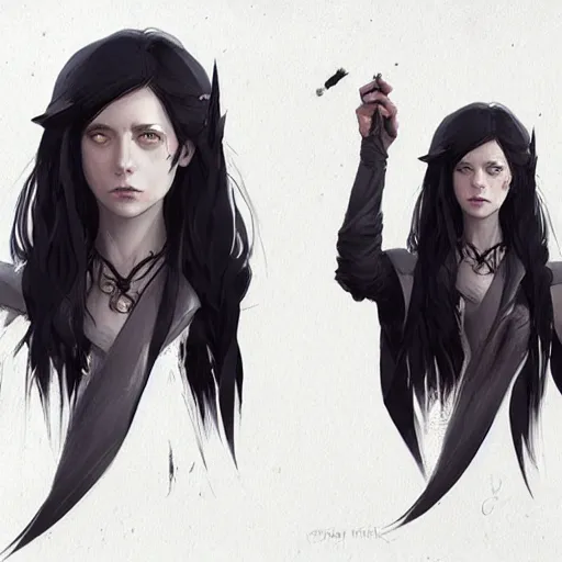 Image similar to female human vampire witch in the style of greg rutkowski, makoto shinkai, trending on artstation, character design, concept art, pretty face, highly detailed, long black hair, portrait, digital art