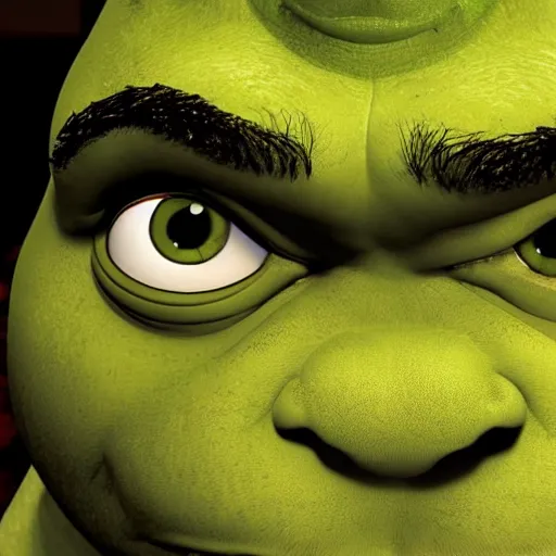 Image similar to shrek!! kubrick stare, menacing, instense stare, close up of face