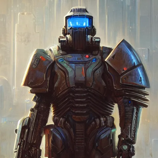 Image similar to the doomslayer as a realistic scifi cyberpunk knight, closeup portrait art by donato giancola and greg rutkowski, vintage retro scifi, realistic face, digital art, trending on artstation, symmetry!!!