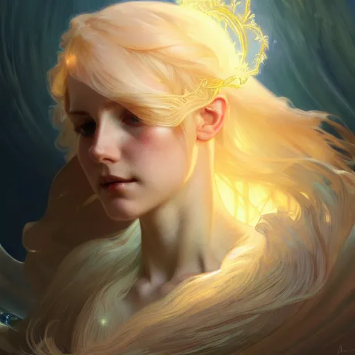 Image similar to A girl with blonde hair, glowing halo, huge highly detailed wings, fantasy, intricate, elegant, highly detailed, digital painting, artstation, concept art, smooth, sharp focus, illustration, art by Krenz Cushart and Artem Demura and alphonse mucha