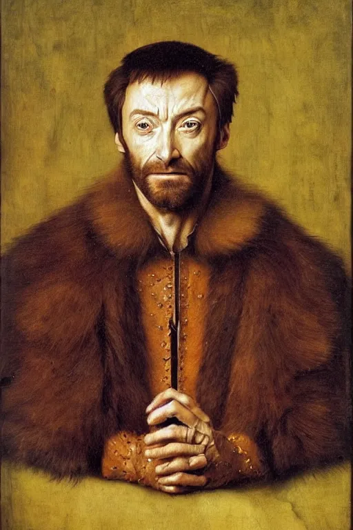 Image similar to portrait of hugh jackman, oil painting by jan van eyck, northern renaissance art, oil on canvas, wet - on - wet technique, realistic, expressive emotions, intricate textures, illusionistic detail