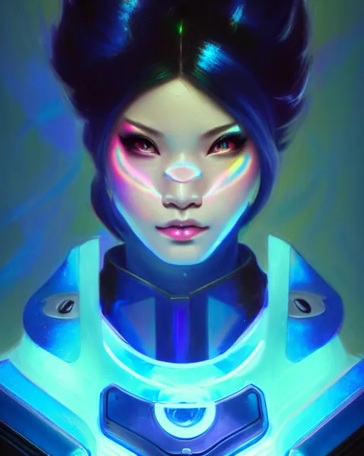 Image similar to echo from overwatch, thai, blue holographic face, elegant, colorful, fantasy, fantasy art, character portrait, portrait, close up, highly detailed, intricate detail, amazing detail, sharp focus, vintage fantasy art, vintage sci - fi art, radiant light, caustics, by boris vallejo