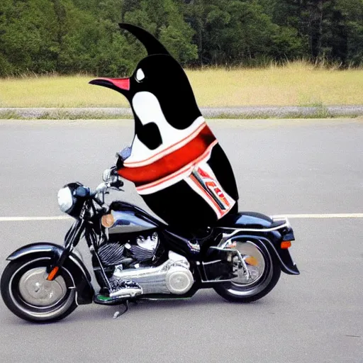 Image similar to pinguin on a Harley Davidson on the road, funny picture