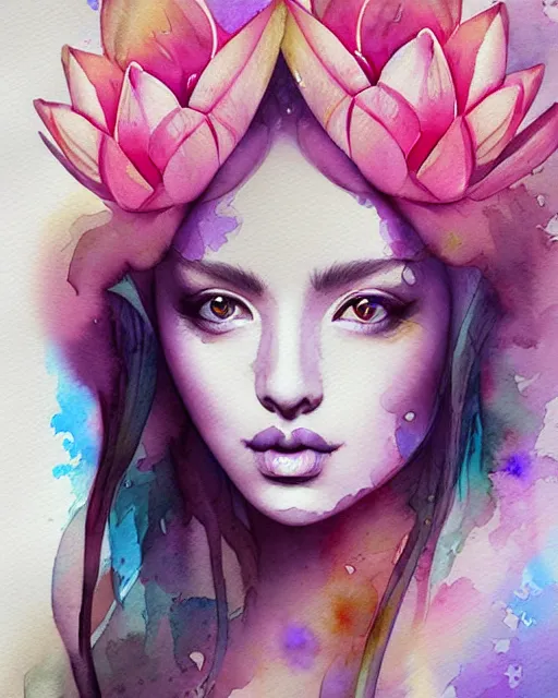 Prompt: watercolor waterlily priestess portrait, artgerm, wlop, petros afshar