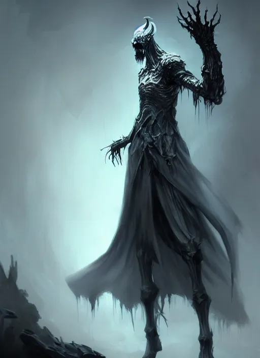 Prompt: creepy pale moster with incredibly long fingers, very long arms, character concept, dark souls concept art, Feng Zhu concept art, dramatic lighting, highly stylized, trending on artstation