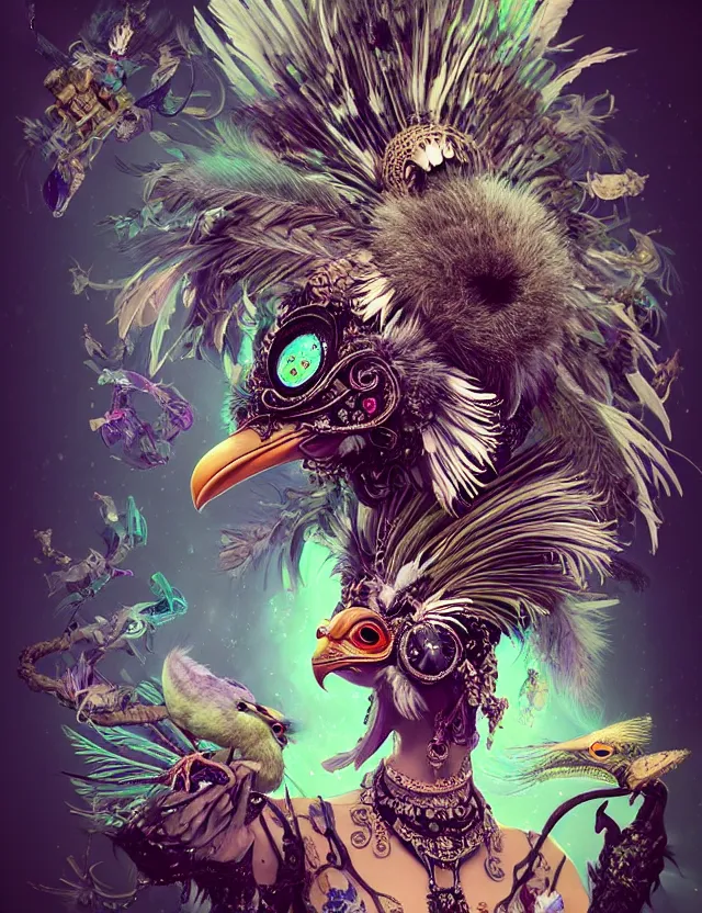 Prompt: 3 d goddess wide angle portrait with feathers, fur, and bones. beautiful intricately detailed avante garde kookaburra mask and retrowave sorceress outfit. lizard, reflective chitin, optical mineralogy, mycelium, mushrooms, plasma, creature, artwork by tooth wu and android jones wlop and android jones and beeple and greg rutkowski