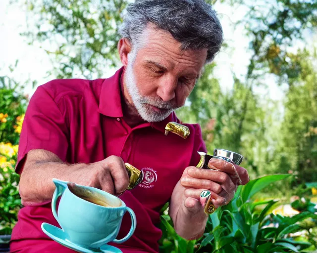 Image similar to mr robert is drinking fresh tea, smoke pot and meditate in a garden from spiral mug, detailed glad face, power arms, golden hour closeup photo, red elegant shirt, eyes wide open, ymmm and that smell