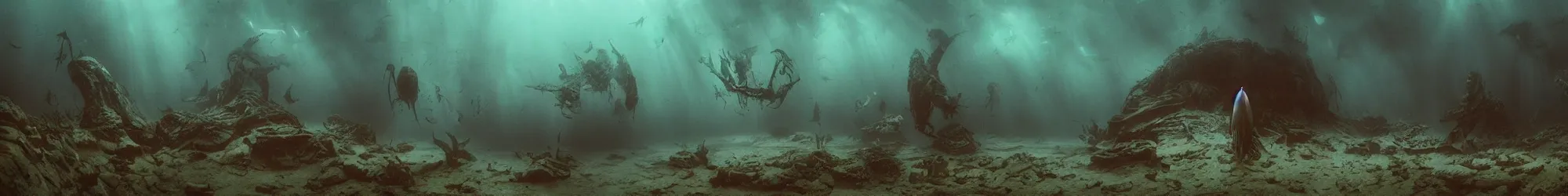 Image similar to underwater photo of evil fish, Les Edwards, Zdzislaw Beksinski, Carl Gustav Carus, John Harris, Michal Karcz, Zhang Kechun, Mikko Lagerstedt, Scott Listfield, Steven Outram, Jessica Rossier