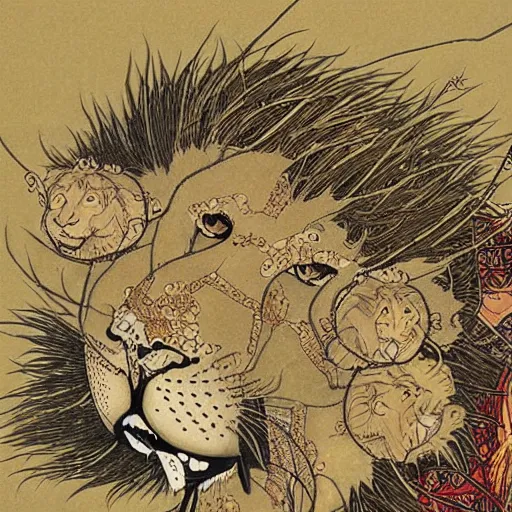 Prompt: lion horoscope sign intricate complexity, by takato yamamoto, wlop, krenz cushart. cinematic dramatic atmosphere, sharp focus