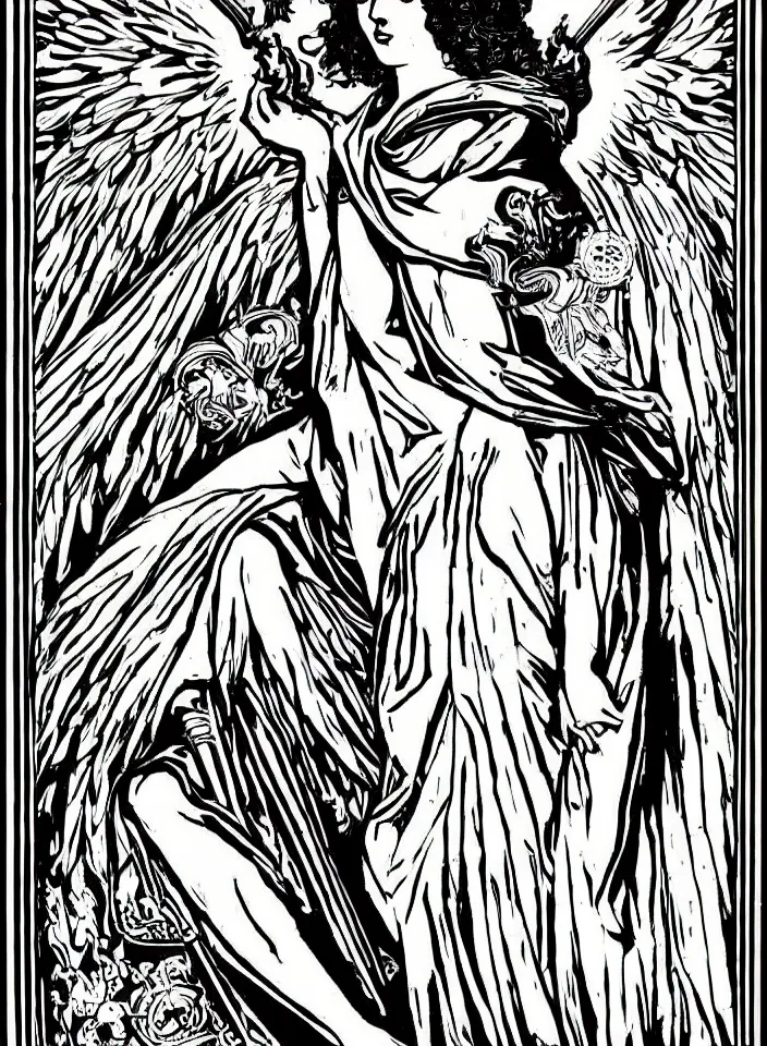 Image similar to detailed high contrast with bold lines angel holding a television, art nouveau, symbolist, visionary, gothic, horizontal symmetry