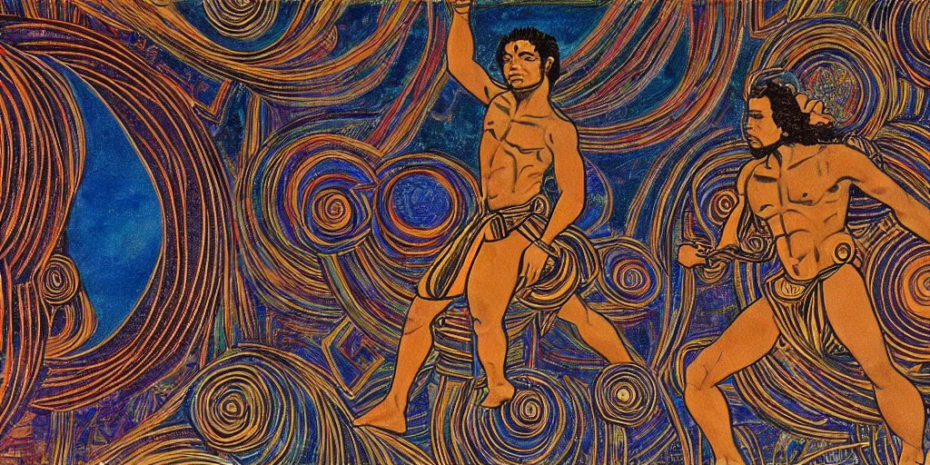 Image similar to an abstract space station background, a polynesian greek god dancing, clear eyes. 2 4 mm, photorealistic, muted color scheme, directed by mati klarwein