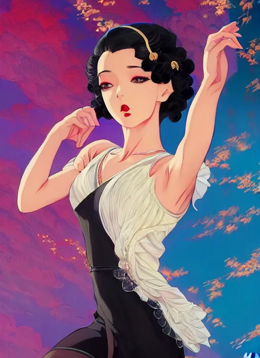 Image similar to a beautiful dancer with black hair in 1930's fashion, ballroom background, intricate, highly detailed, digital painting, artstation, official media, anime key visual, concept art, rich vivid colors, ambient lighting, sharp focus, illustration, art by Artgerm, Makoto Shinkai, Ilya Kuvshinov, Lois Van Baarle, and Rossdraws