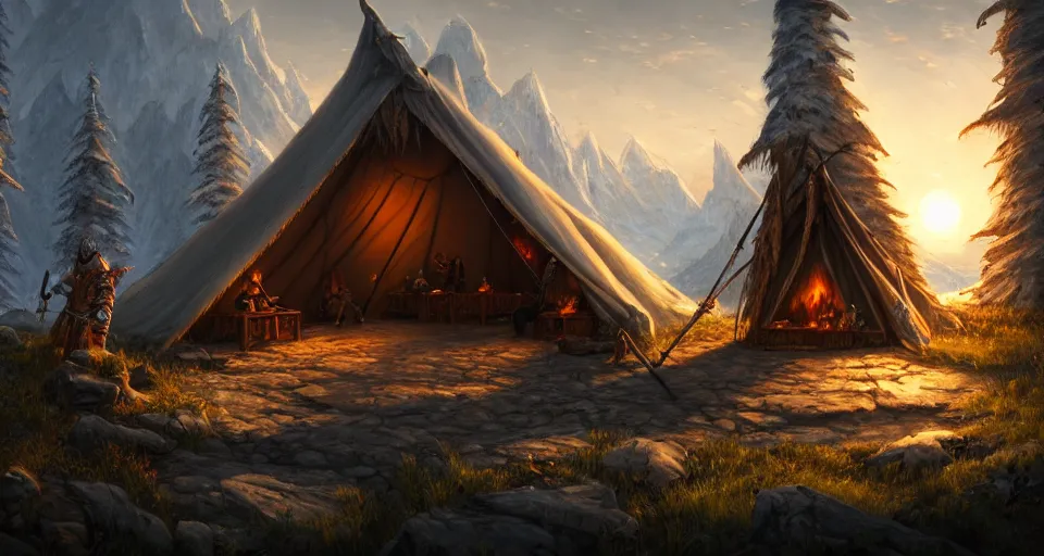 Image similar to an epic fantasy adventurer's camp with a hide tent 4 k, extremely detailed. award winning, trending on artstation, 8 k, ultra wide angle