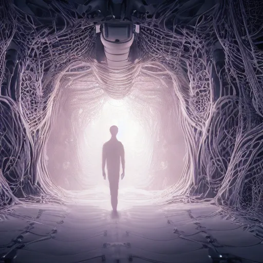 Prompt: biocomputer human organ inside a bio - neural network made like antique lace in a biomechanical cave forest, biocomputer epic environment, matte painting, diffused lighting, highly detailed cinematic, epic atmosphere, diffused lighting, highly detailed digital art, trending on artstation, depth of field, wide angle