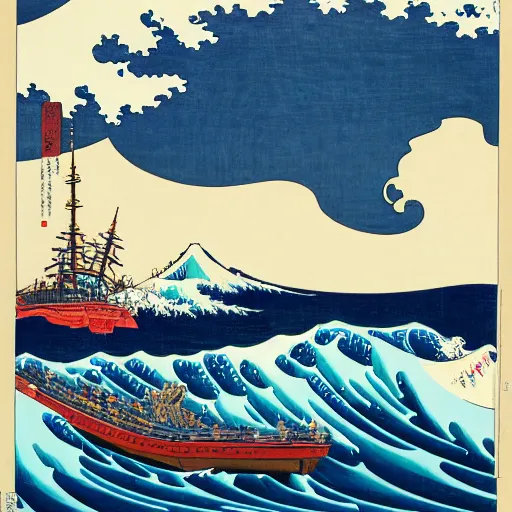 Prompt: a hokusai painting masterpiece exposed in Paris : the french aircraft carrier le charles de gaulle sailing on the wave of hukusai This 4K HD image is Trending on Artstation, featured on Behance, well-rendered, extra crisp