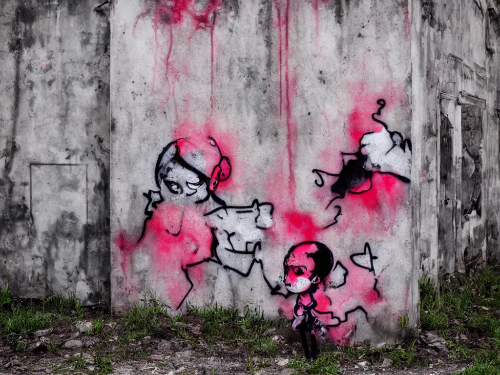 Prompt: graffiti in an abandoned graveyard, cute fumo plush gothic black enigmatic maiden girl painted in spilt red ink and washed watercolor, avant garde pop art, filmic, daylight, captured on canon eos r 6