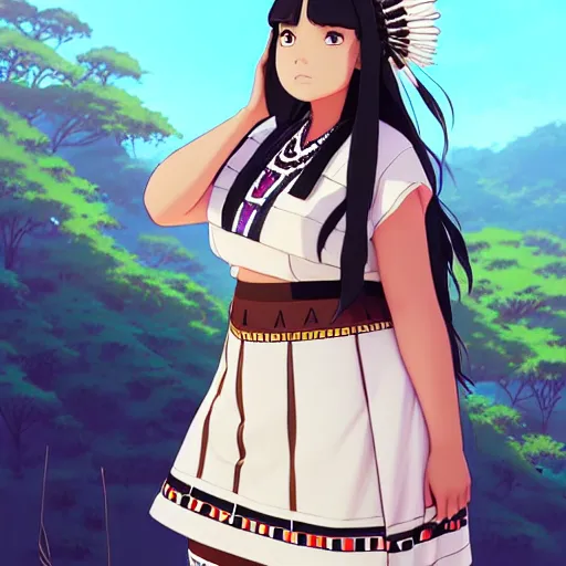 Image similar to a beautiful! plus sized native women instagram model, brown skin, wearing elegant catholic school girl designer fashion with mayan pattern and native style, aztec street fashion, gapmoe yandere grimdark, trending on pixiv fanbox, painted by greg rutkowski makoto shinkai takashi takeuchi studio ghibli, akihiko yoshida