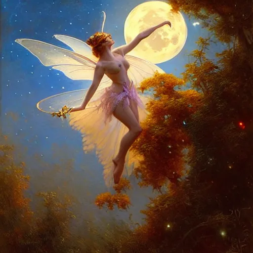 Image similar to attractive fairy magically floating high in the night, fantasy, full moon in background. highly detailed painting by gaston bussiere, craig mullins, j. c. leyendecker, sharp focus, 8 k