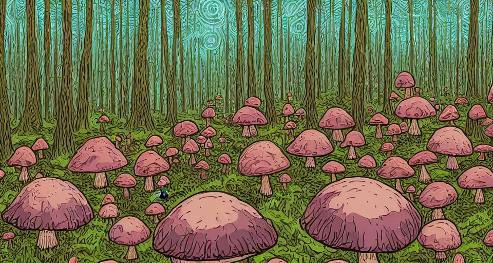 Image similar to A tribal village in a forest of giant mushrooms, by Dan mumford,