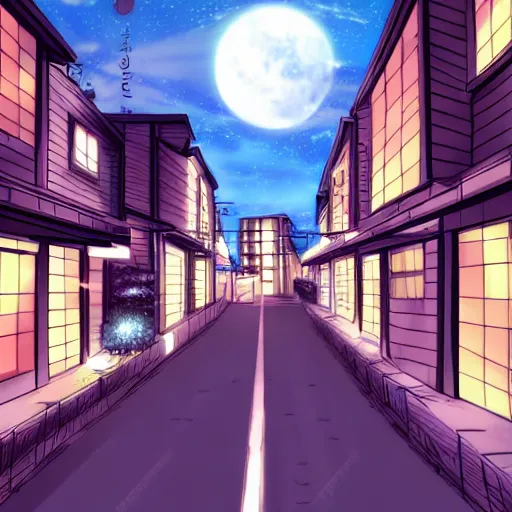 Image similar to anime tokyo residential quiet street scenery only wallpaper, nighttime moonlight scene, aesthetic, beautiful, hyper realistic