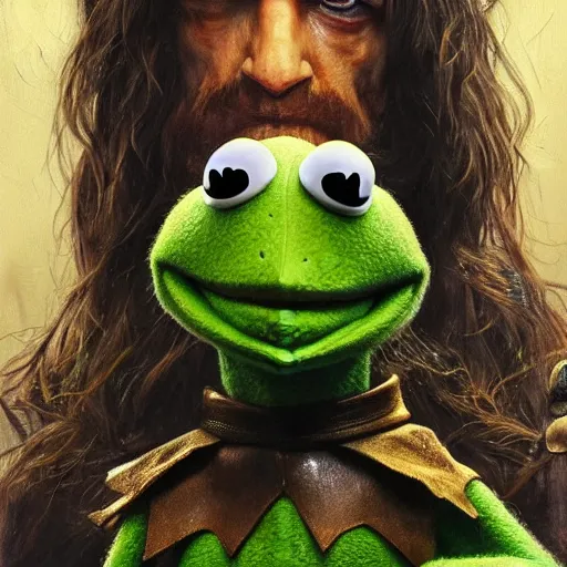 Image similar to kermit the frog as Aragorn by Alan Lee, leather armor, golden hour, concept art, detailed clothing, art station, oil painting, art by artgerm and greg rutkowski and alphonse mucha