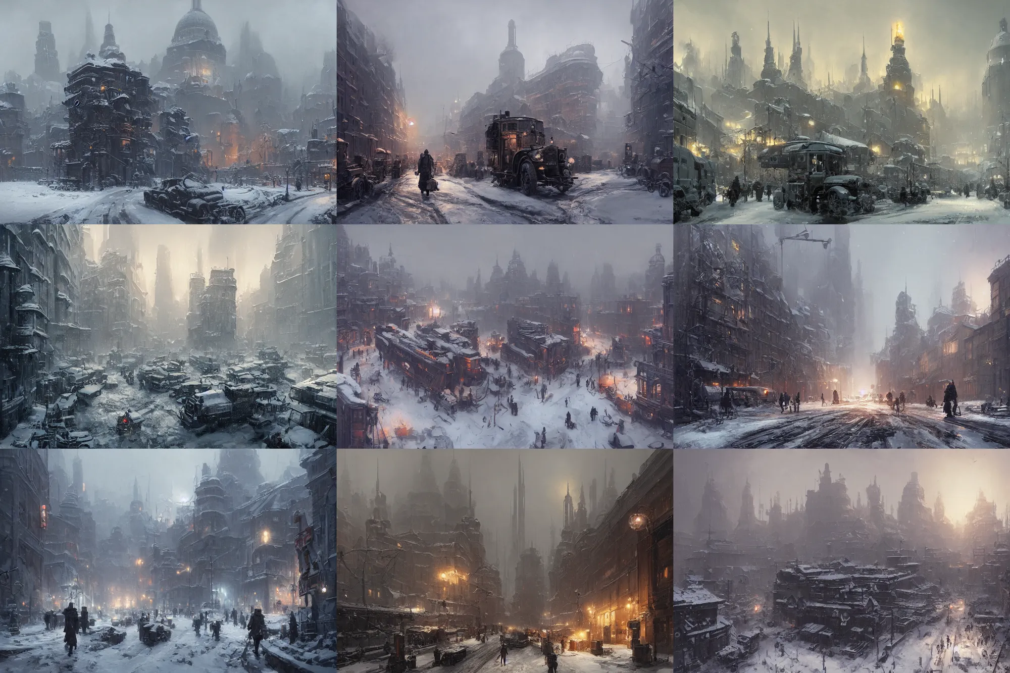 Image similar to highly detailed painting of dieselpunk stockholm, winter, snow, dystopia, by greg rutkowski, 4 k resolution, trending on artstation