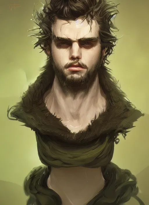 Image similar to a highly detailed illustration of young thick wavy messy haired guy wearing mechanical green face mask and brown noir coat, dramatic bored expression, intricate, elegant, highly detailed, centered, digital painting, artstation, concept art, smooth, sharp focus, league of legends concept art, wlop