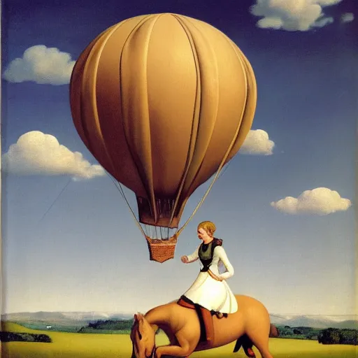 Image similar to a pure lady riding her horse, hot-air-balloon in the background, by Raphael, Hopper, and Rene Magritte. detailed, romantic, enchanting, trending on artstation.