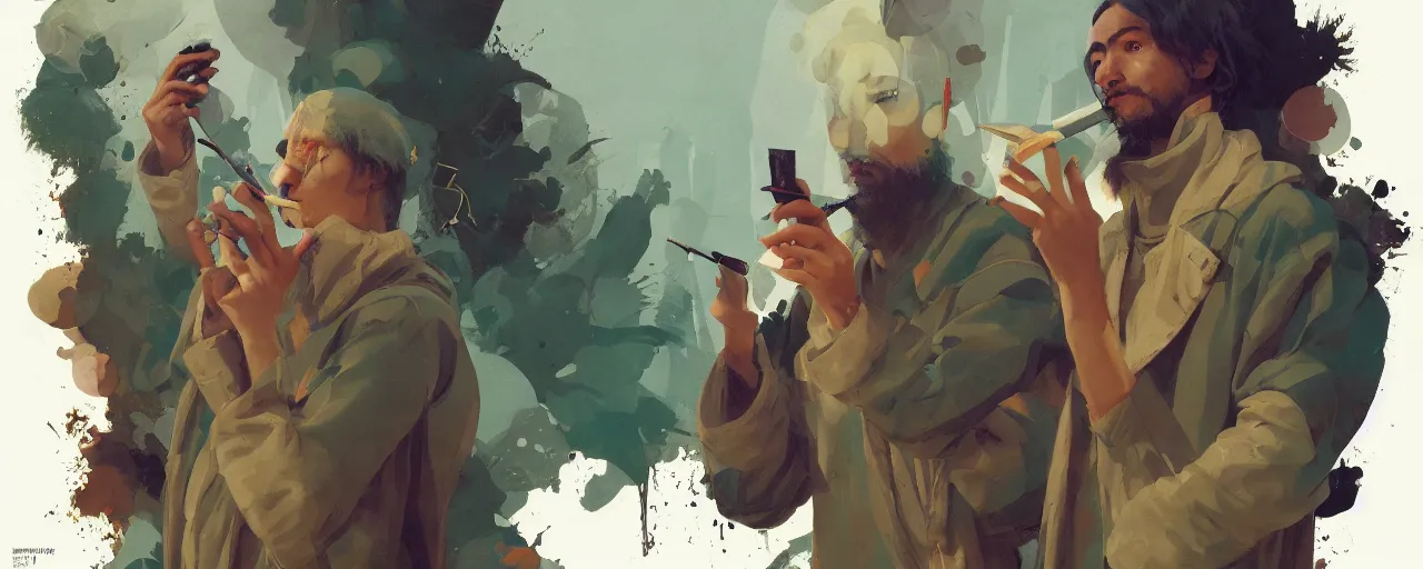 Prompt: duotone olive illustration 3 / 4 portrait of group of druids smoking joints composition accidental renaissance golden ratio. by sachin teng and sergey kolesov and ruan jia and heng z. graffiti art, scifi, fantasy, hyper detailed. octane render. concept art. trending on artstation