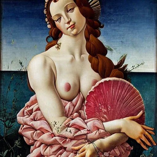 Prompt: an hyperrealistic mythological oil painting of venus with long brown hair, full body, wearing pink floral chiton, sleeping on a giant scallop shell, near the seashore, intricate lines, elegant, renaissance style, by sandro botticelli