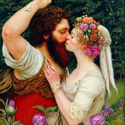 Prompt: a white skinned red bearded viking and a beautiful brown skinned indian princess kiss in a field of peonies, masterpiece, highly detailed, oil on canvas, art by rebecca guay