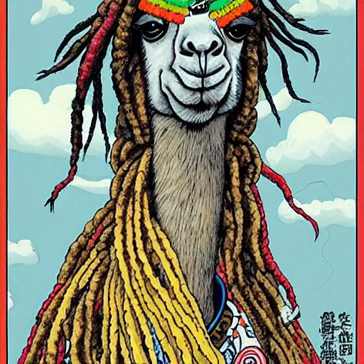 Image similar to llama with dreadlocks, heroic pose, by Katsuhiro Otomo, detailed, with beautiful colors