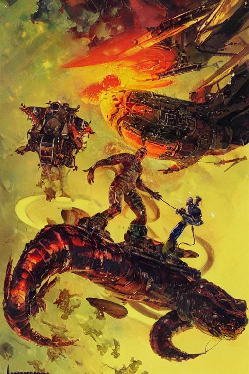 Prompt: full body portrait of martyn ford as huge slimy salamander attacking spaceship, dynamic action, by john berkey, norman rockwell, jack kirby, earle bergey, craig mullins, ruan jia, jeremy mann, tom lovell, marvel, astounding stories, 5 0 s pulp illustration, scifi, fantasy