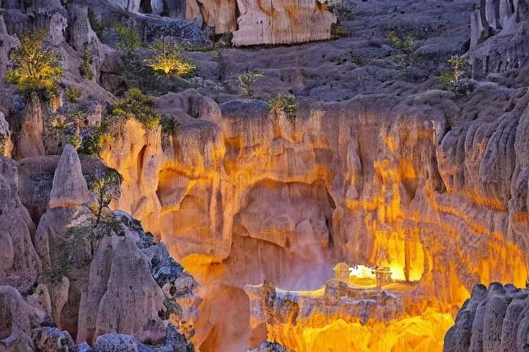 Image similar to Asgard ethereal castle, high-end civilization, luxurious onsens, with lush expensive Singaporean sakura season, asgardian bathhouse, onsens, located on Waimea canyon in Antelope canyon, Pamukkale, beautiful smooth sandstone in unique shapes with light beams that shine through its walls, gold striated interstellar swirling finish, white travertine terraces, digital painting, concept art, smooth, sharp focus, from Star Trek 2021, illustration, by WLOP and Ruan Jia and Mandy Jurgens and William-Adolphe Bouguereau, Artgerm