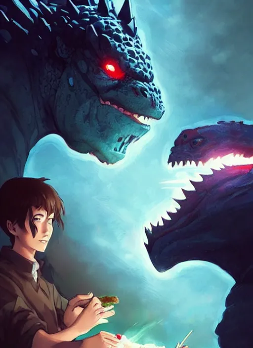 Prompt: beautiful portrait of Godzilla eating a ham sandwhich. character design by charlie bowater, ross tran, artgerm, and makoto shinkai, detailed, inked, western comic book art