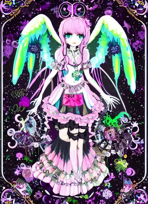 Image similar to gothic lolita cute angelic archangel, religious art watercolor slimy slime drenched skinny divine holy skellington being of glitter glue, pastel cute slime, 3 d polygon ui of neon ornamental rococo frames, maximalist decora gyaru sanrio murakami pixar concept art