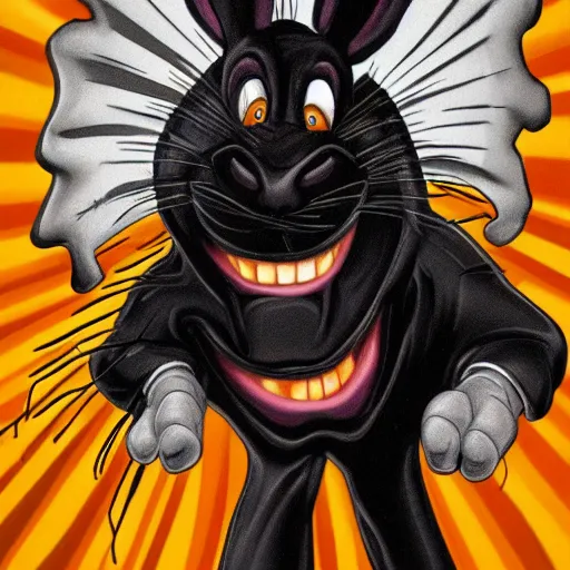 Prompt: A extremely highly detailed majestic hi-res beautiful, highly detailed head and shoulders portrait of a scary terrifying, horrifying, creepy black cartoon rabbit evil laughing standing up wearing pants and a shirt in the style of Walt Disney