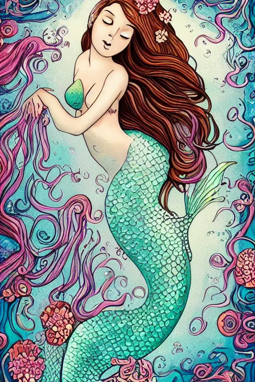 Prompt: mermaid , underwater, a stunning beautiful woman with long ombre auburn hair wearing a flowing silk dress, abundant detail, tiny octopuses and flowers in her hair