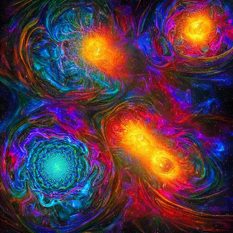 Image similar to a centered and symmetrical intricate hexagonal 3 d metal contraption with finely structured nylon string structures by dan mumford, colorful twirling smoke trails, a twisting vortex of dying galaxies, collapsing stars and supernovae, digital art, photorealistic, vivid colors, highly detailed, intricate