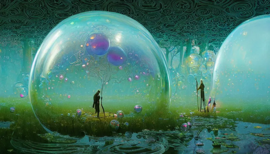 Image similar to a beautiful woman inside ornate bubbles of iridescent liquid, alchemy, intricate, bloom, detailed, volumetric lighting, sharp focus, photorealism, digital painting, highly detailed, concept art, by roger dean and simon stalenhag and mark brooks