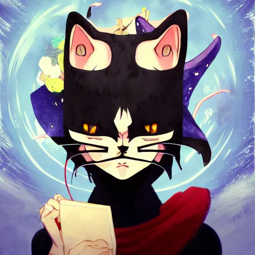 Image similar to portrait of a phony in the cat mask, anime fantasy illustration by tomoyuki yamasaki, kyoto studio, madhouse, ufotable, trending on artstation