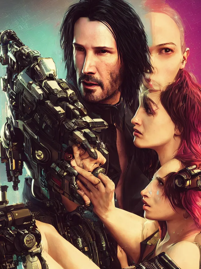 Prompt: a cyberpunk 2077 couple portrait of Keanu Reeves&female android in final kiss,love,film lighting,by Laurie Greasley,Lawrence Alma-Tadema,Dan Mumford,John Wick,Speed,Replicas,artstation,deviantart,FAN ART,full of color,Digital painting,face enhance,highly detailed,8K,octane,golden ratio,cinematic lighting