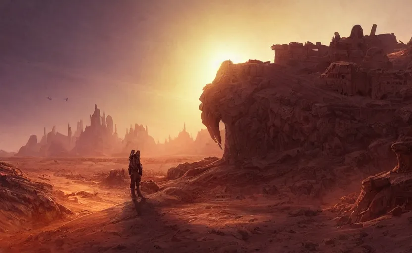 Image similar to detailed concept illustration, matte painting, strong muscular older soldier roaming through desert with city in the skyline, two suns, purple sky orange colors, ant aliens at the horizon, sharp focus, illustration, highly detailed, digital painting, concept art, matte, art by wlop and artgerm and greg rutkowski, masterpiece