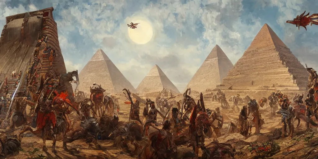 Image similar to simonetti rutkowski painting aztec warriors watching spaceship arriving to pyramid