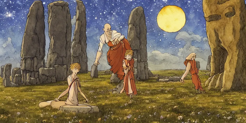 Image similar to a hyperrealist studio ghibli watercolor fantasy concept art of a giant medieval monk in lotus position and a small grey alien in stonehenge with a starry sky in the background. a giant gold ufo is floating in the air. by rebecca guay, michael kaluta, charles vess